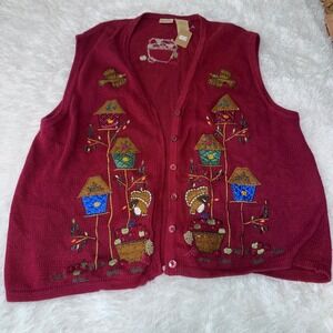 Bobbie‎ Brooks Woman Burgundy Embroidered Turkey Birdhouse Vest Sweater S 28W